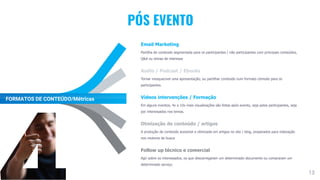 13
FORMATOS DE CONTEÚDO/Métricas
PÓS EVENTO
Email Marketing
Partilha de conteúdo segmentada para os participantes / não participantes com principais conteúdos,
Q&A ou temas de interesse
Audio / Podcast / Ebooks
Tornar inesquecivel uma apresentação, ou partilhar conteúdo num formato cómodo para os
participantes.
Vídeos intervenções / Formação
Em alguns eventos, 4x a 10x mais visualizações são feitas após evento, seja pelos participantes, seja
por interessados nos temas.
Otmização de conteúdo / artigos
A produção de conteúdo acessível e otimizada em artigos no site / blog, preparados para indexação
nos motores de busca
Follow up técnico e comercial
Agir sobre os interessados, os que descarregaram um determinado documento ou compraram um
determinado serviço.
 