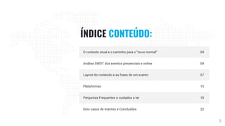 3
ÍNDICE CONTEÚDO:
O contexto atual e o caminho para o “novo normal” 04
Análise SWOT dos eventos presenciais e online 04
Layout do conteúdo e as fases de um evento 07
Plataformas 15
Perguntas Frequentes e cuidados a ter 18
Dois casos de eventos e Conclusões 22
 