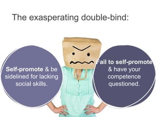 Copyright Be Leaderly 2020
The exasperating double-bind:
Self-promote & be
sidelined for lacking
social skills.
Fail to self-promote
& have your
competence
questioned.
 