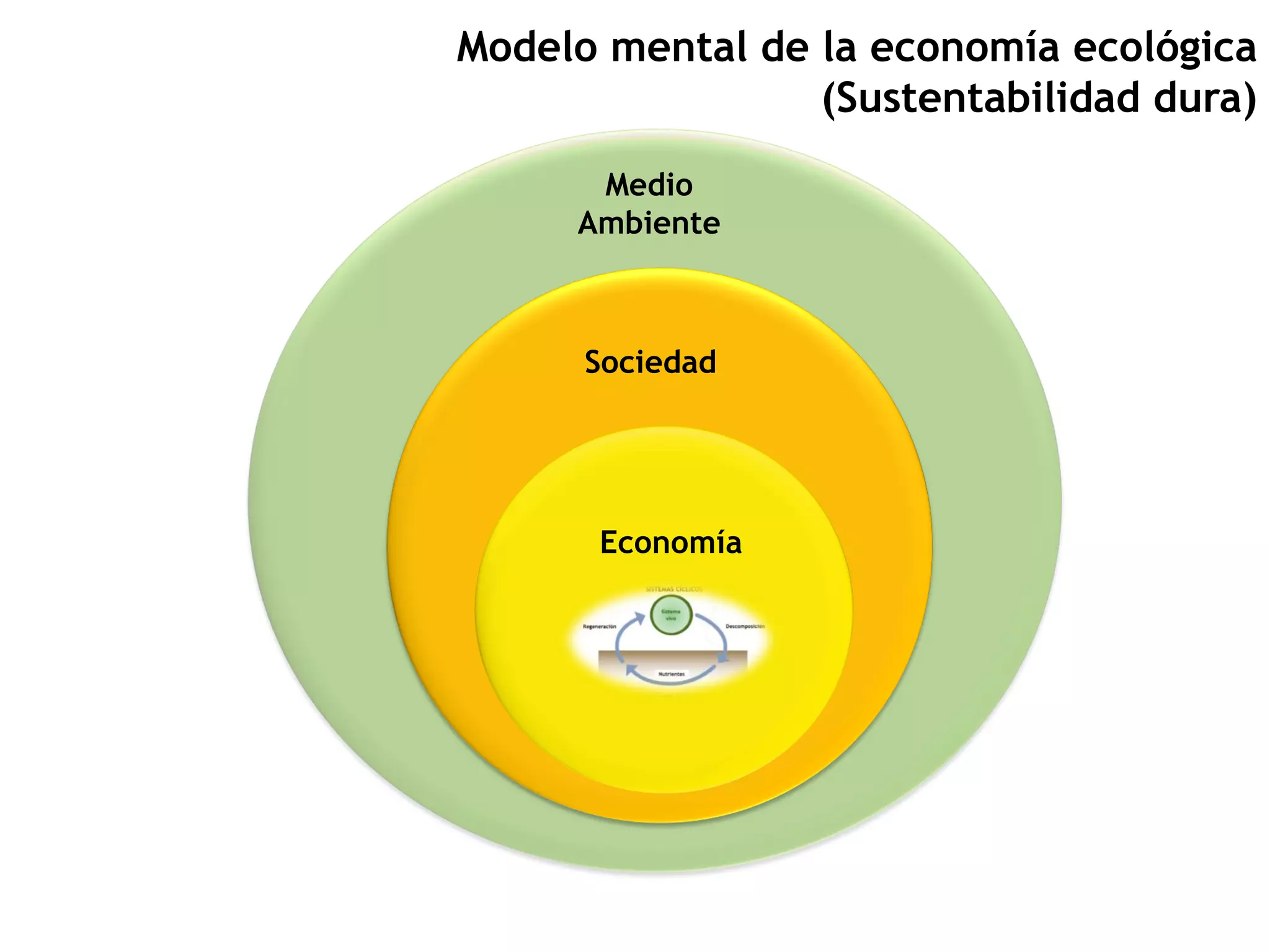 Economía
Medio
Ambiente
Sociedad
Modelo mental de la economía ecológica
(Sustentabilidad dura)
 