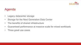 Agenda
• Legacy datacenter storage
• Storage for the Next Generation Data Center
• The benefits of shared infrastructure
•...