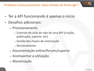 Problema: Como provisionar novos clientes de forma ágil ?
• Ter a API funcionando é apenas o início
• Desafios adicionais:
o Provisionamento
o Controle do ciclo de vida de uma API (criação,
publicação, suporte, etc)
o Gestão das chaves de autorização
o Versionamento
o Documentação online/forums/suporte
o Acompanhar a utilização
o Monetização
17
 