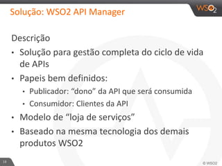 Solução: WSO2 API Manager
Descrição
• Solução para gestão completa do ciclo de vida
de APIs
• Papeis bem definidos:
• Publicador: “dono” da API que será consumida
• Consumidor: Clientes da API
• Modelo de “loja de serviços”
• Baseado na mesma tecnologia dos demais
produtos WSO2
18
 