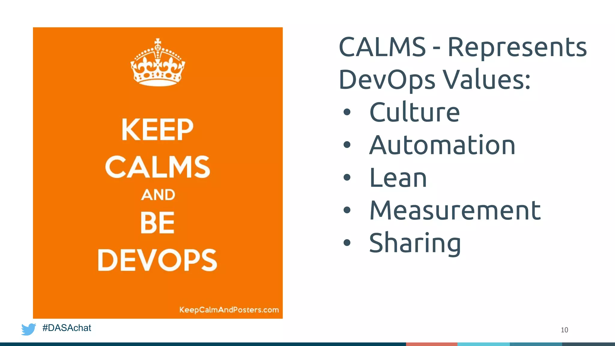 #DASAchat
CALMS - Represents
DevOps Values:
• Culture
• Automation
• Lean
• Measurement
• Sharing
10
 