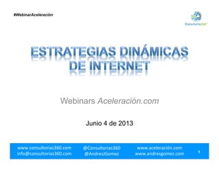 www.consultorias360.com	
  
info@consultorias360.com	
  
@Consultorias360	
  
@AndresJGomez	
  
www.aceleración.com	
  
www.andresgomez.com	
  
	
  
1
#WebinarAceleración
Webinars Aceleración.com
Junio 4 de 2013
 