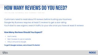 •
•
•
How many reviews do you need?
/ U s e T h e N e w T e s t i m o n i a l R u l e T o M a r k e t Y o u r R I A /
 