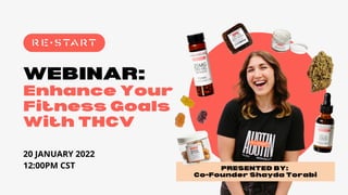 WEBINAR:
Enhance Your
Fitness Goals
With THCV
20 JANUARY 2022
12:00PM CST PRESENTED BY:
Co-Founder Shayda Torabi
 