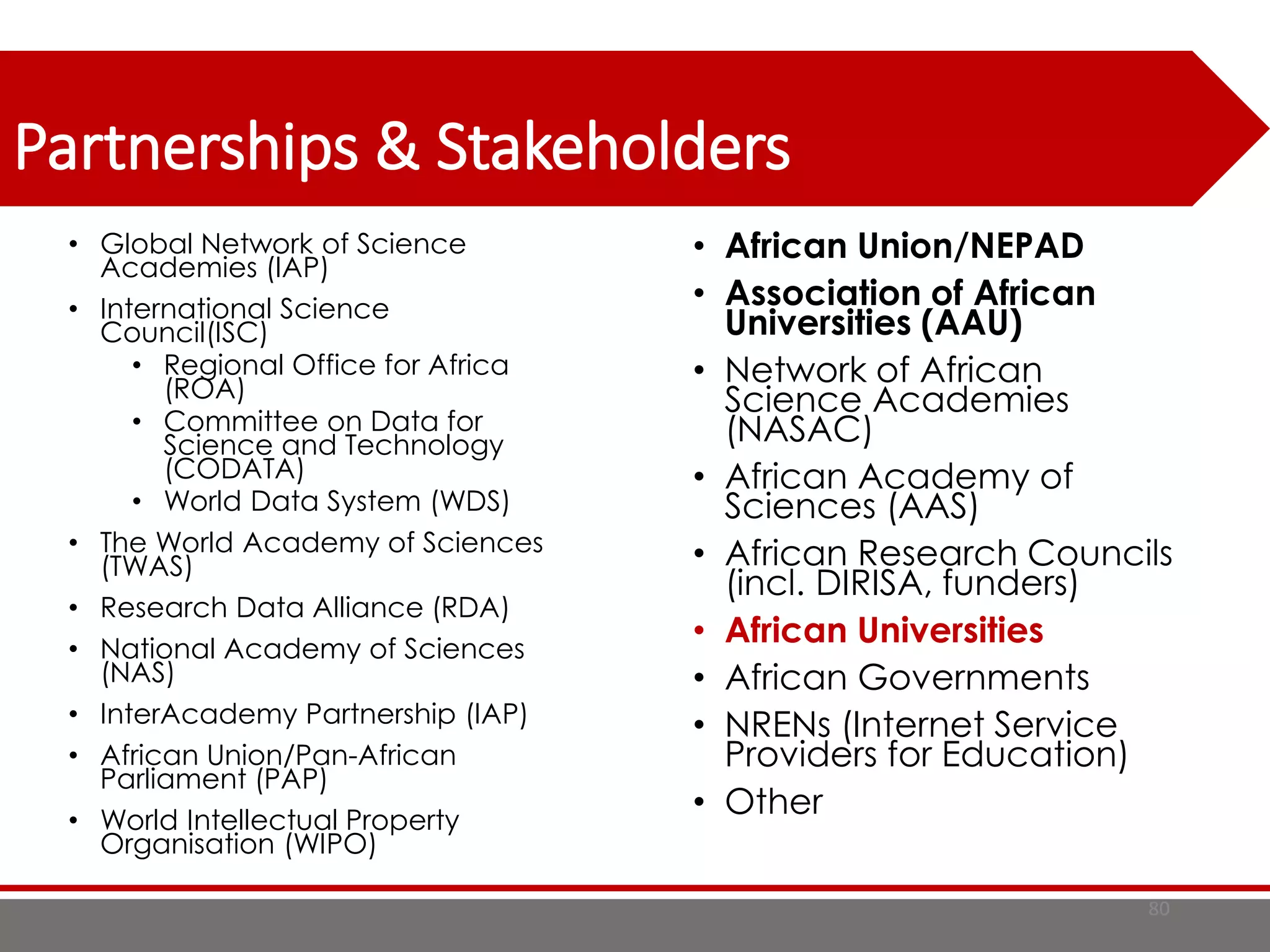• Global Network of Science
Academies (IAP)
• International Science
Council(ISC)
• Regional Office for Africa
(ROA)
• Committee on Data for
Science and Technology
(CODATA)
• World Data System (WDS)
• The World Academy of Sciences
(TWAS)
• Research Data Alliance (RDA)
• National Academy of Sciences
(NAS)
• InterAcademy Partnership (IAP)
• African Union/Pan-African
Parliament (PAP)
• World Intellectual Property
Organisation (WIPO)
80
Partnerships & Stakeholders
• African Union/NEPAD
• Association of African
Universities (AAU)
• Network of African
Science Academies
(NASAC)
• African Academy of
Sciences (AAS)
• African Research Councils
(incl. DIRISA, funders)
• African Universities
• African Governments
• NRENs (Internet Service
Providers for Education)
• Other
 