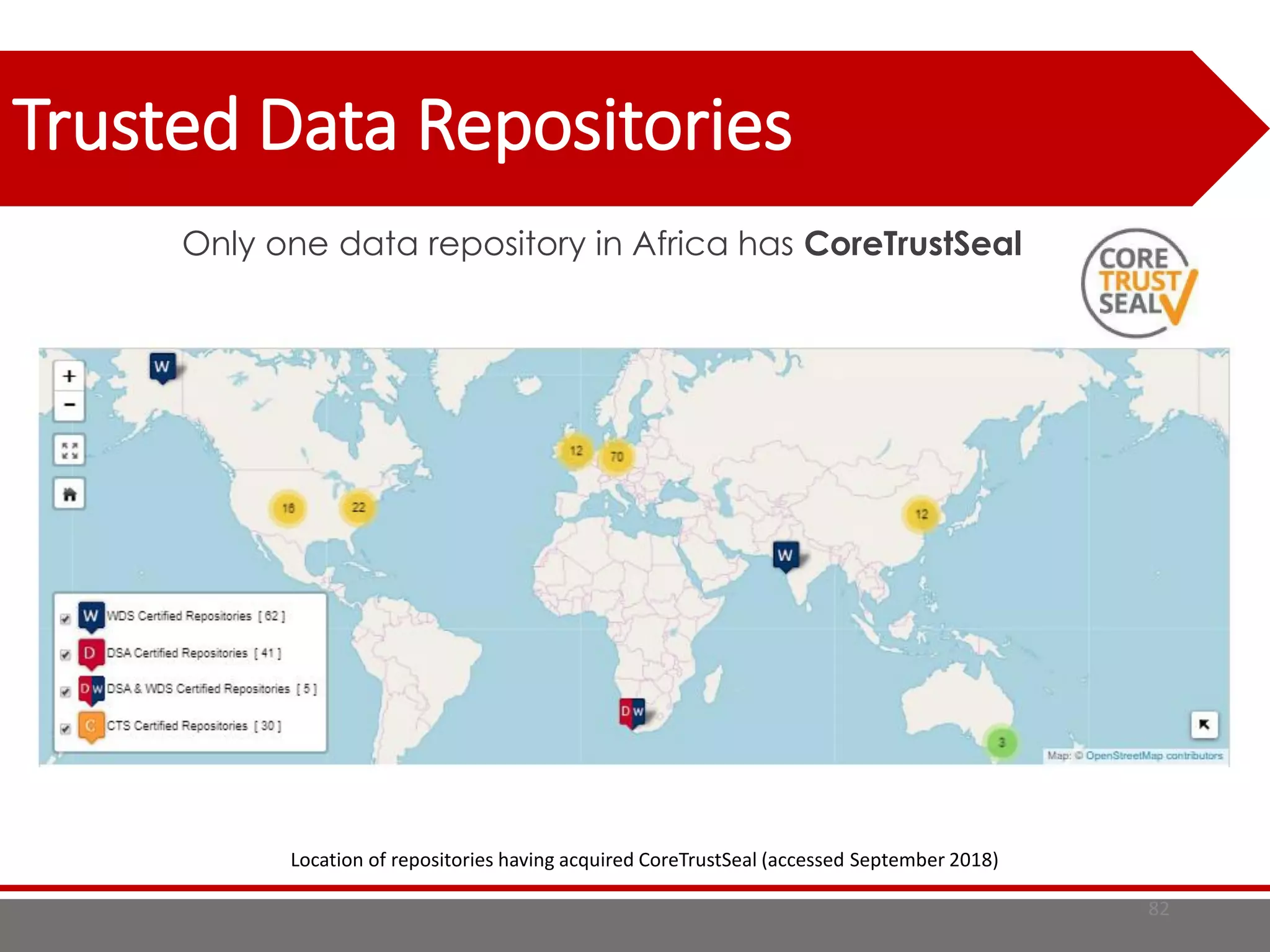 Only one data repository in Africa has CoreTrustSeal
Location of repositories having acquired CoreTrustSeal (accessed September 2018)
Trusted Data Repositories
82
 