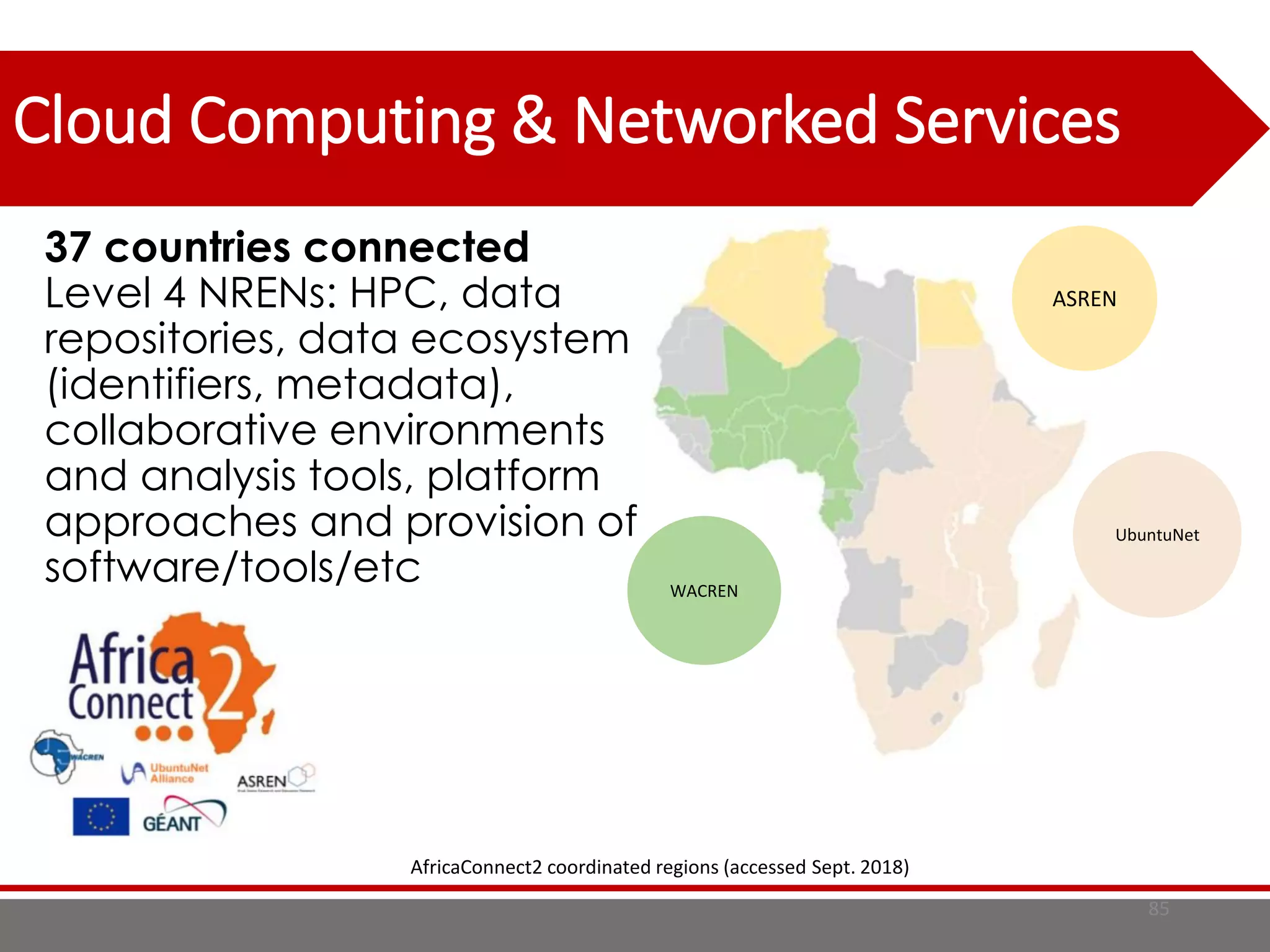 Cloud Computing & Networked Services
37 countries connected
Level 4 NRENs: HPC, data
repositories, data ecosystem
(identifiers, metadata),
collaborative environments
and analysis tools, platform
approaches and provision of
software/tools/etc
85
ASREN
WACREN
UbuntuNet
AfricaConnect2 coordinated regions (accessed Sept. 2018)
 