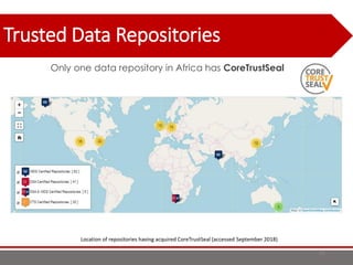 Only one data repository in Africa has CoreTrustSeal
Location of repositories having acquired CoreTrustSeal (accessed September 2018)
Trusted Data Repositories
82
 