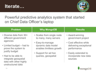 11
Powerful predictive analytics system that started
on Chief Data Officer’s laptop
Iterate…
Problem Results
• Diverse data from 30+
different government
agencies
• Limited budget – had to
prove the system to
justify budget
• Had to be able to
integrate geospatial
data with other highly
unstructured data
• Scales from single node
to many, many servers
• Easy-to-manage
dynamic data model
enables limitless growth
• Support for ad hoc
queries, geospatial
• Award-winning
government project
• Cost effective while
delivering exceptional
performance
• Easily extended to
incorporate new data
sources
Why MongoDB
 