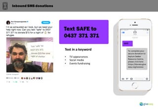 Text	in	a	keyword
• TV	appearances
• Social	media
• Events	fundraising
SAFE
To	complete	your	
secure	donation	to	
Asylum	S...