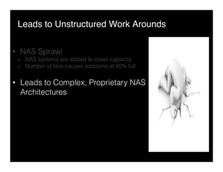 Leads to Unstructured Work Arounds"
•  NAS Sprawl
o  NAS systems are added to cover capacity
o  Number of ﬁles causes additions at 50% full
•  Leads to Complex, Proprietary NAS
Architectures
 