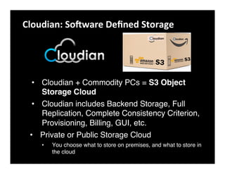 Cloudian:	
  So3ware	
  Deﬁned	
  Storageo	
  
•  Cloudian + Commodity PCs = S3 Object
Storage Cloud!
•  Cloudian includes Backend Storage, Full
Replication, Complete Consistency Criterion,
Provisioning, Billing, GUI, etc."
•  Private or Public Storage Cloud"
•  You choose what to store on premises, and what to store in
the cloud"
 