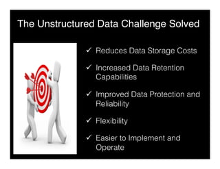 The Unstructured Data Challenge Solved"
ü  Reduces Data Storage Costs
ü  Increased Data Retention
Capabilities
ü  Improved Data Protection and
Reliability
ü  Flexibility
ü  Easier to Implement and
Operate
 