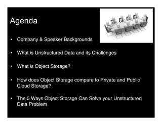 Agenda
•  Company & Speaker Backgrounds"
•  What is Unstructured Data and its Challenges"
•  What is Object Storage?"
"
•  How does Object Storage compare to Private and Public
Cloud Storage?"
•  The 5 Ways Object Storage Can Solve your Unstructured
Data Problem"
 