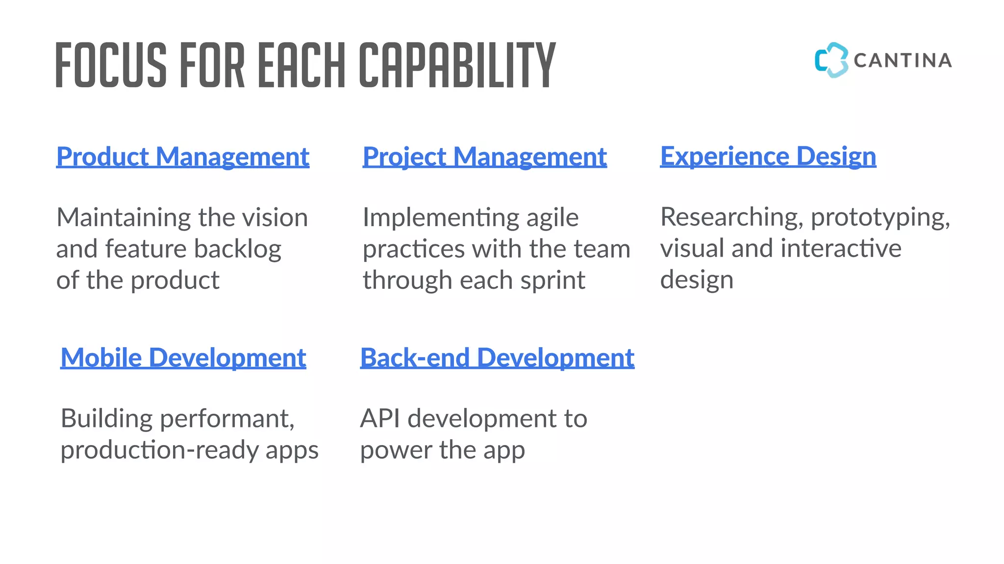 Focus for each capability
Product Management Project Management Experience Design
Mobile Development Back-end Development
Maintaining the vision
and feature backlog
of the product
Implemen!ng agile
prac!ces with the team
through each sprint
Researching, prototyping,
visual and interac!ve
design
Building performant,
produc!on-ready apps
API development to
power the app
 