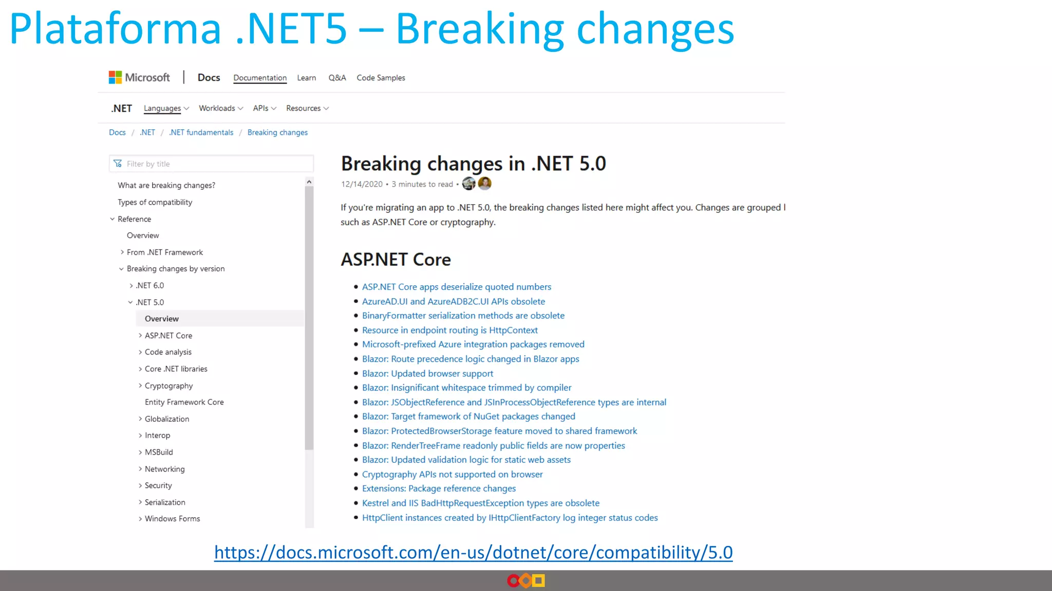 https://docs.microsoft.com/en-us/dotnet/core/compatibility/5.0
Plataforma .NET5 – Breaking changes
 