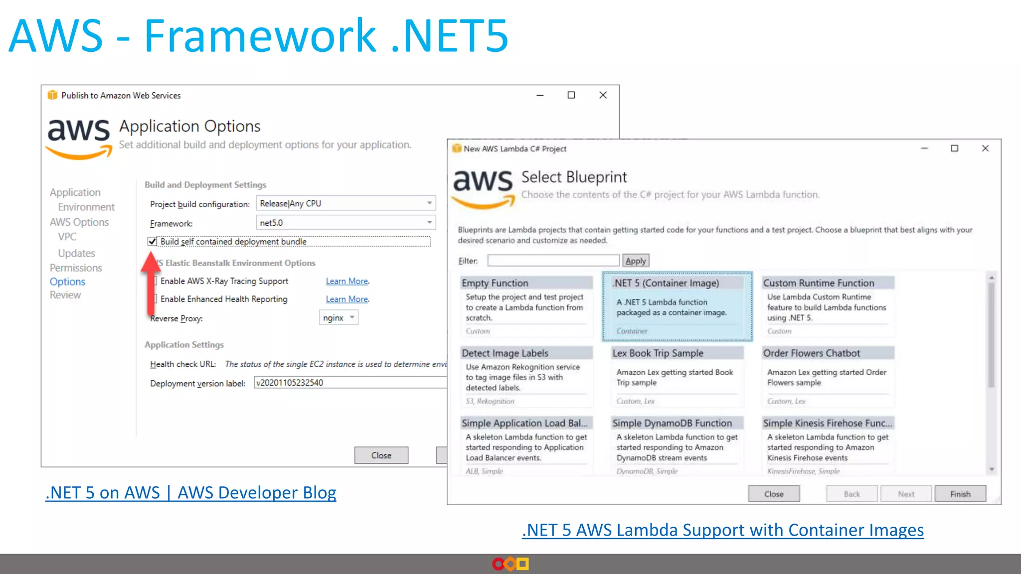 AWS - Framework .NET5
.NET 5 on AWS | AWS Developer Blog
.NET 5 AWS Lambda Support with Container Images
 
