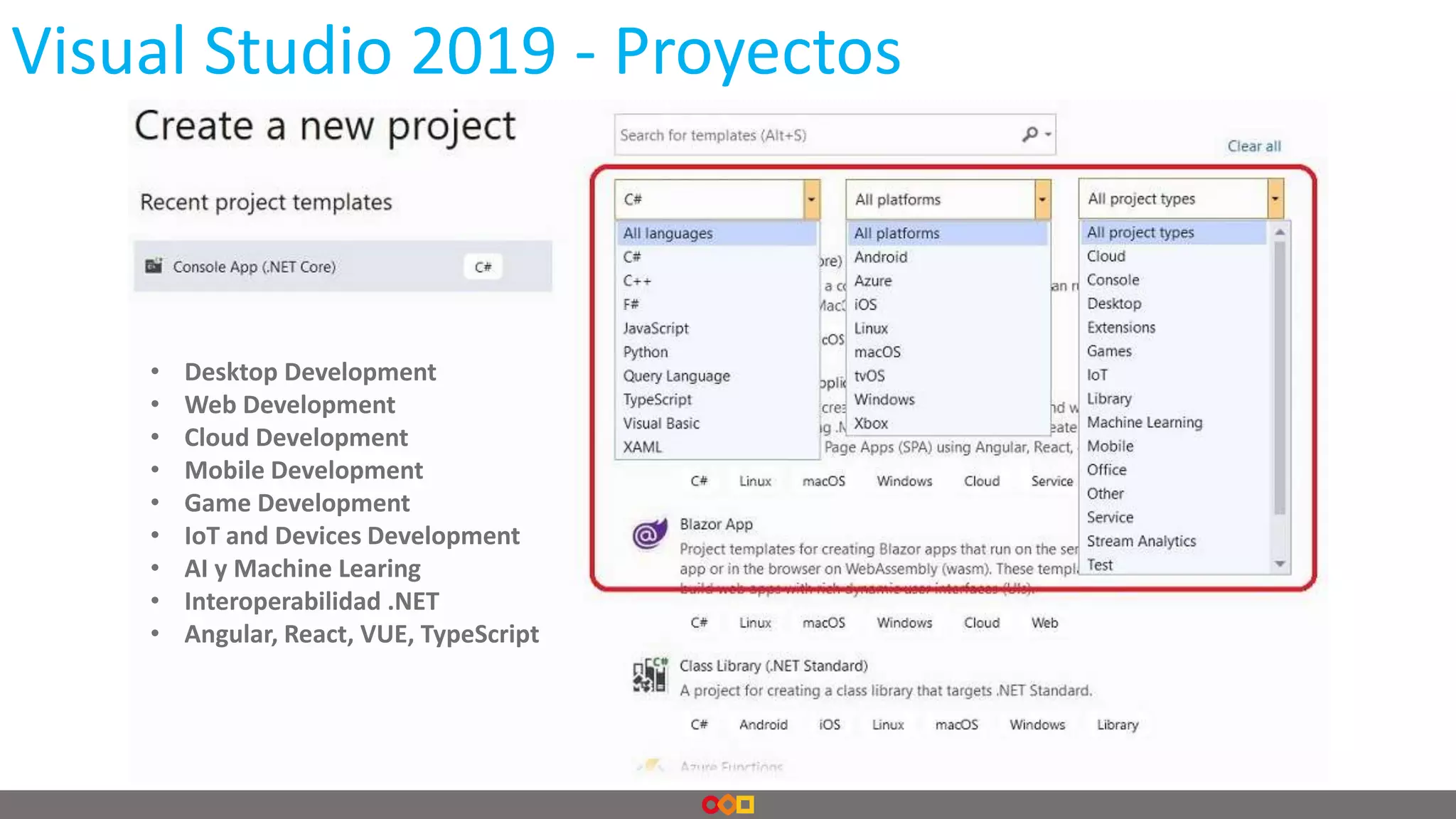 Visual Studio 2019 - Proyectos
• Desktop Development
• Web Development
• Cloud Development
• Mobile Development
• Game Development
• IoT and Devices Development
• AI y Machine Learing
• Interoperabilidad .NET
• Angular, React, VUE, TypeScript
 