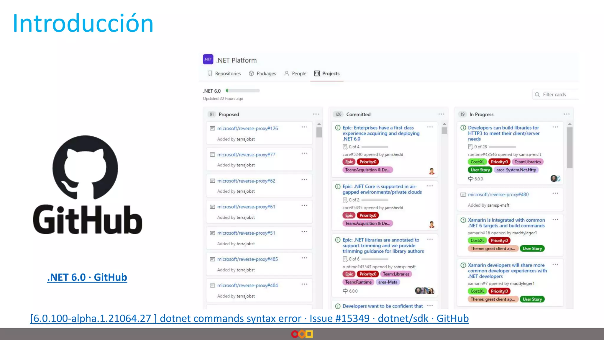 .NET 6.0 · GitHub
[6.0.100-alpha.1.21064.27 ] dotnet commands syntax error · Issue #15349 · dotnet/sdk · GitHub
Introducción
 