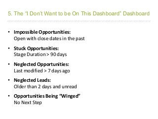/////////////////////////////////////////////////////////////////////////////////////////////////////////////////////////////////////////////////////////////////////////
• Impossible Opportunities:
Open with close dates in the past
• Stuck Opportunities:
Stage Duration > 90 days
• Neglected Opportunities:
Last modified > 7 days ago
• Neglected Leads:
Older than 2 days and unread
• Opportunities Being “Winged”
No Next Step
5. The “I Don’t Want to be On This Dashboard” Dashboard
 