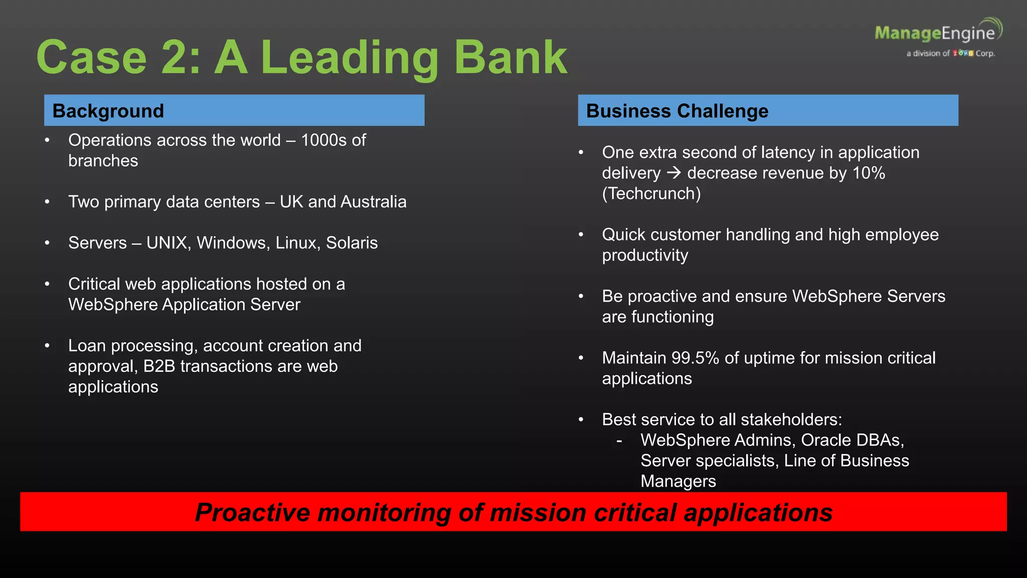 Background
• Operations across the world – 1000s of
branches
• Two primary data centers – UK and Australia
• Servers – UNIX, Windows, Linux, Solaris
• Critical web applications hosted on a
WebSphere Application Server
• Loan processing, account creation and
approval, B2B transactions are web
applications
Business Challenge
• One extra second of latency in application
delivery  decrease revenue by 10%
(Techcrunch)
• Quick customer handling and high employee
productivity
• Be proactive and ensure WebSphere Servers
are functioning
• Maintain 99.5% of uptime for mission critical
applications
• Best service to all stakeholders:
- WebSphere Admins, Oracle DBAs,
Server specialists, Line of Business
Managers
Proactive monitoring of mission critical applications
Case 2: A Leading Bank
 
