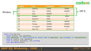ABAP 7.53 / 7.54ABAP SQL Windowing – LEAD( … )
Country City Population Lead Population
AT Salzburg 150000 500000
AT Graz 500000 2000000
AT Wien 2000000 0
DE Walldorf 15000 45000
DE Weinheim 45000 0
US Austin 350000 3000000
US Chicago 3000000 3000000
US Los Angeles 3000000 8500000
US New York 8500000 0
Window
select from zfoe_test
fields country, city, population,
lead( population, 1 ) over( partition by country order by population, city ascending ) as lead_population
group by country, city, population
order by country, population, city ascending
into table @data(result).
100 %
 