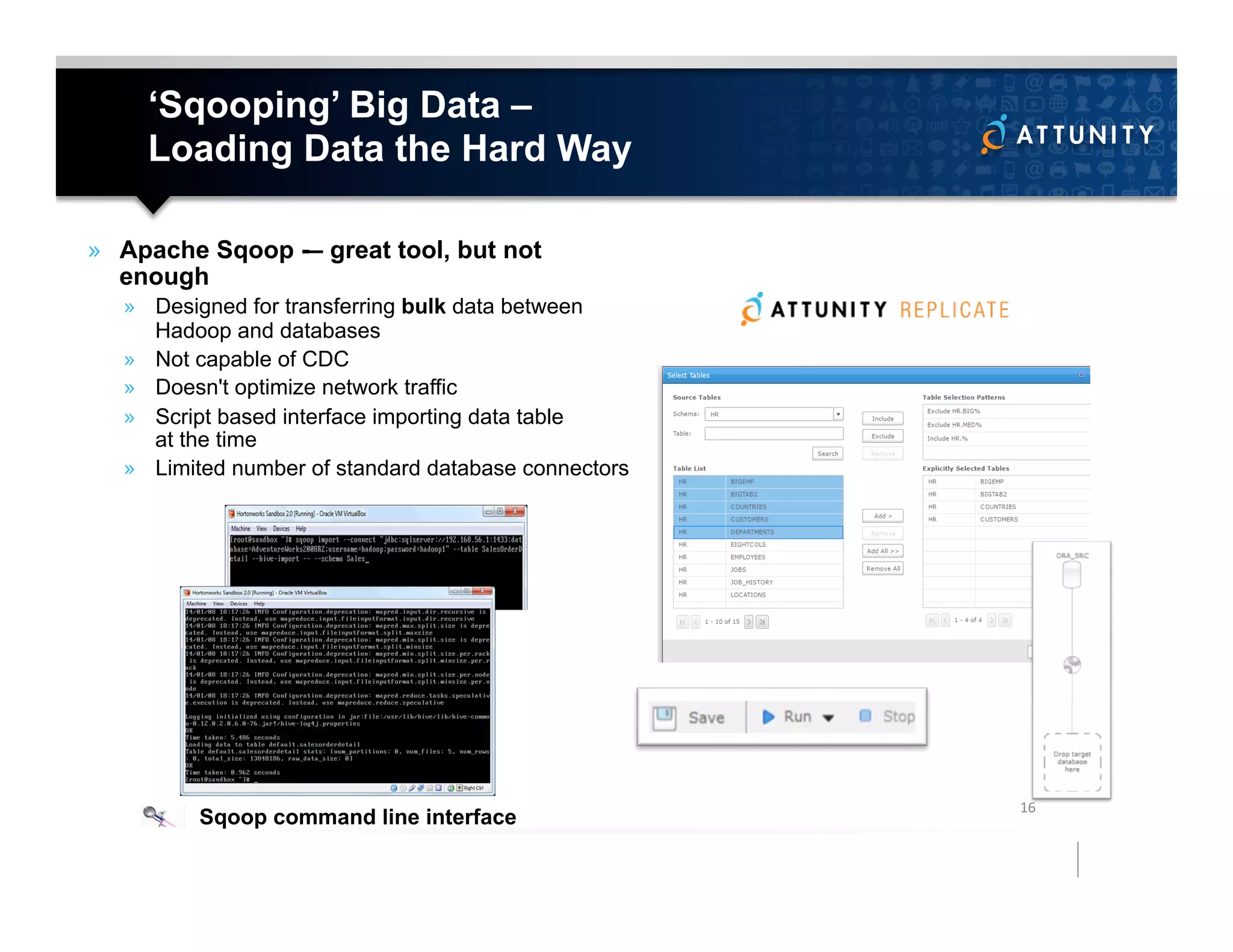 ‘Sqooping’ Big Data –
Loading Data the Hard Way
»  Apache Sqoop -– great tool, but not
enough
»  Designed for transferring bulk data between
Hadoop and databases
»  Not capable of CDC
»  Doesn't optimize network traffic
»  Script based interface importing data table
at the time
»  Limited number of standard database connectors
16	
  
Sqoop command line interface
 