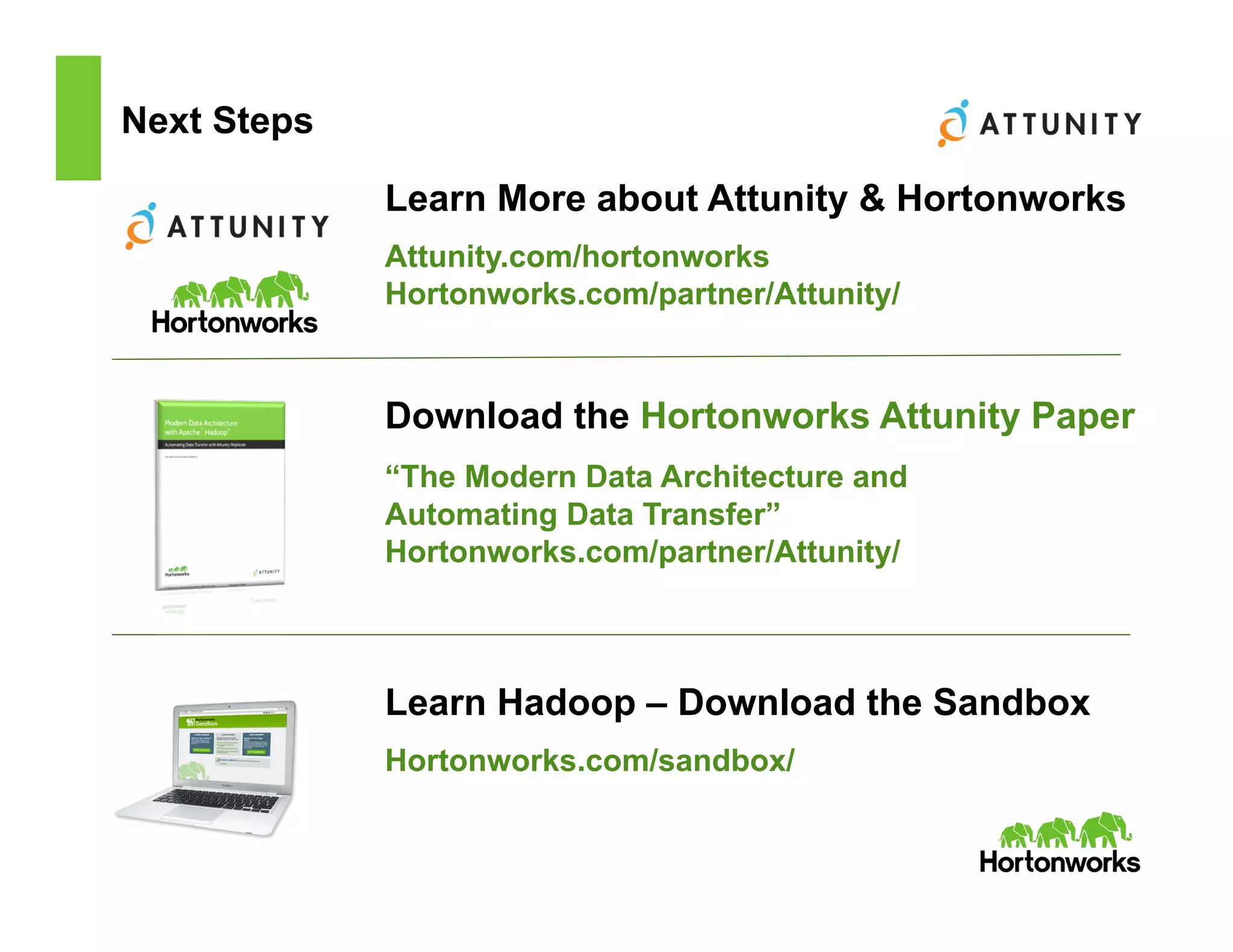Next Steps
Download the Hortonworks Attunity Paper
“The Modern Data Architecture and
Automating Data Transfer”
Hortonworks.com/partner/Attunity/
Learn Hadoop – Download the Sandbox
Hortonworks.com/sandbox/
Learn More about Attunity & Hortonworks
Attunity.com/hortonworks
Hortonworks.com/partner/Attunity/
 