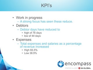 KPI’s
•  Work in progress
–  A strong focus has seen these reduce.

•  Debtors
–  Debtor days have reduced to
•  high of 76 days
•  low of 44 days

•  Expenses
–  Total expenses and salaries as a percentage
of revenue increased
•  High 65.5%
•  Low 38.9%

 