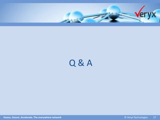 Assess. Assure. Accelerate. The everywhere network ©Veryx Technologies 27 
Q & A  