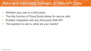 [New and Improved] Scenario 5: Web API Calls
• Whether your own or a third party
• The http function of Cloud Script allows for secure calls
• Enables integration with any third-party Web API
• The question to ask is, what are your needs?
October 15, 2015 23
 
