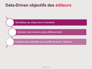 Data-Driven objectifs des éditeurs
Monétiser au mieux leur inventaire
Générer des revenus plus efficacement
Adapter les publicités aux profils de leurs visiteurs
 