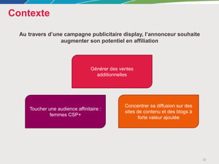 Contexte
32
Toucher une audience affinitaire :
femmes CSP+
Générer des ventes
additionnelles
Concentrer sa diffusion sur des
sites de contenu et des blogs à
forte valeur ajoutée
Au travers d’une campagne publicitaire display, l’annonceur souhaite
augmenter son potentiel en affiliation
 