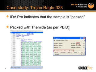 Case study: Trojan.Bagle-328

      IDA Pro indicates that the sample is “packed”

      Packed with Themida (as per PEiD)‫‏‬




15
 