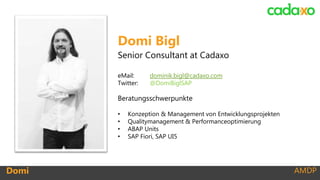 AMDPDomi
Domi Bigl
Senior Consultant at Cadaxo
eMail: dominik.bigl@cadaxo.com
Twitter: @DomiBiglSAP
Beratungsschwerpunkte
...