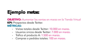 Ejemplo metas:
OBJETIVO: Aumentar las ventas en marzo en la Tienda Virtual
KPI: Prospectos desde Twitter.
MÉTRICAS:
-  Visitas totales desde Twitter: 10.000 en marzo.
-  Usuarios únicos desde Twitter: 7.000 en marzo.
-  Tráfico al producto A: 1.500 en marzo.
-  Compras o pedidos totales: 100 en marzo.
 