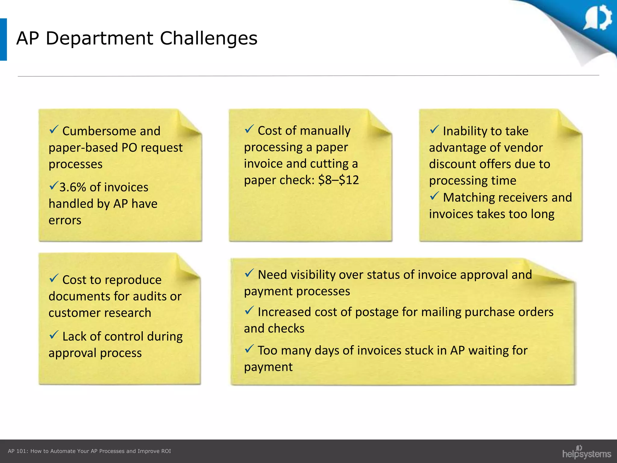AP 101: How to Automate Your AP Processes and Improve ROI
AP Department Challenges
 Cumbersome and
paper-based PO request
processes
3.6% of invoices
handled by AP have
errors
 Cost of manually
processing a paper
invoice and cutting a
paper check: $8–$12
 Inability to take
advantage of vendor
discount offers due to
processing time
 Matching receivers and
invoices takes too long
 Cost to reproduce
documents for audits or
customer research
 Lack of control during
approval process
 Need visibility over status of invoice approval and
payment processes
 Increased cost of postage for mailing purchase orders
and checks
 Too many days of invoices stuck in AP waiting for
payment
 