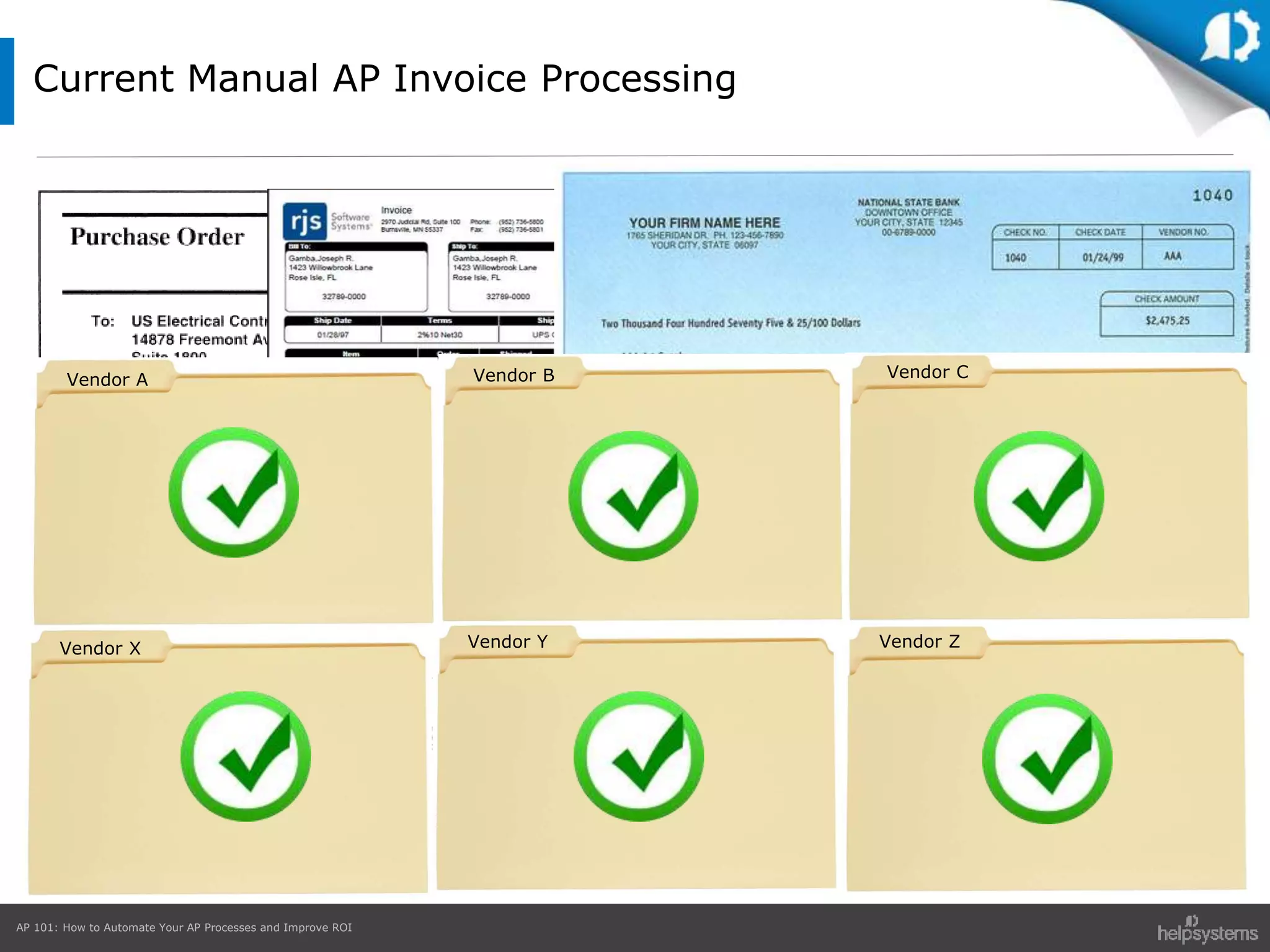 AP 101: How to Automate Your AP Processes and Improve ROI
Current Manual AP Invoice Processing
Vendor A Vendor B Vendor C
Vendor X Vendor Y Vendor Z
 