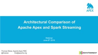 Architectural Comparison of
Apache Apex and Spark Streaming
Webinar
June 8th 2016
Thomas Weise, Apache Apex PMC
@thweise thw@apache.org
 