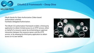 OAuth2.0 Framework – Deep Dive
OAuth Stands for Open Authorization (Token based
authorization scheme)
Facilitates Delegated Authorization.
The OAuth 2.0 authorization framework enables a third-party
application to obtain limited access to an HTTP service, either
on behalf of a resource owner by orchestrating an approval
interaction between the resource owner and the HTTP
service, or by allowing the third-party application to obtain
access on its own behalf.
 