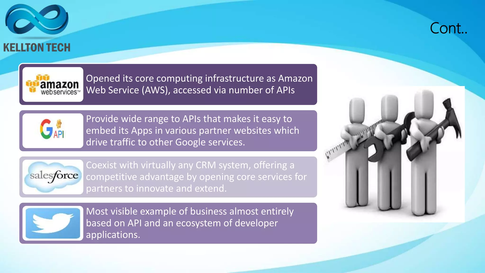 Cont..
Opened its core computing infrastructure as Amazon
Web Service (AWS), accessed via number of APIs
Provide wide range to APIs that makes it easy to
embed its Apps in various partner websites which
drive traffic to other Google services.
Coexist with virtually any CRM system, offering a
competitive advantage by opening core services for
partners to innovate and extend.
Most visible example of business almost entirely
based on API and an ecosystem of developer
applications.
 