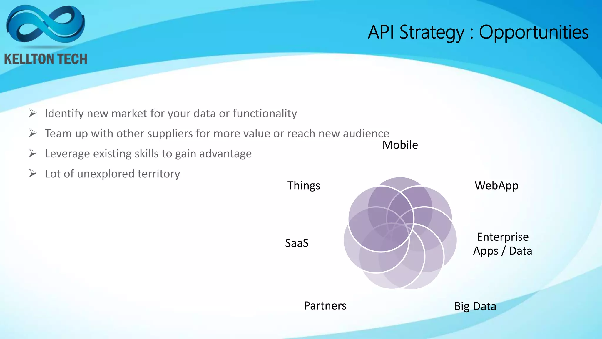 API Strategy : Opportunities
 Identify new market for your data or functionality
 Team up with other suppliers for more value or reach new audience
 Leverage existing skills to gain advantage
 Lot of unexplored territory
Mobile
WebApp
Enterprise
Apps / Data
Big DataPartners
SaaS
Things
 