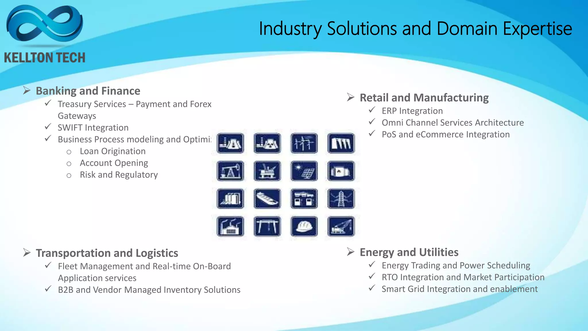 Industry Solutions and Domain Expertise
 Banking and Finance
 Treasury Services – Payment and Forex
Gateways
 SWIFT Integration
 Business Process modeling and Optimization in
o Loan Origination
o Account Opening
o Risk and Regulatory
 Transportation and Logistics
 Fleet Management and Real-time On-Board
Application services
 B2B and Vendor Managed Inventory Solutions
 Retail and Manufacturing
 ERP Integration
 Omni Channel Services Architecture
 PoS and eCommerce Integration
 Energy and Utilities
 Energy Trading and Power Scheduling
 RTO Integration and Market Participation
 Smart Grid Integration and enablement
 