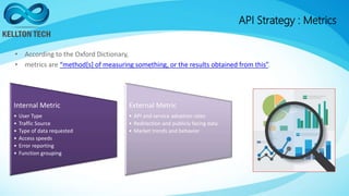 API Strategy : Metrics
• According to the Oxford Dictionary,
• metrics are “method[s] of measuring something, or the resul...