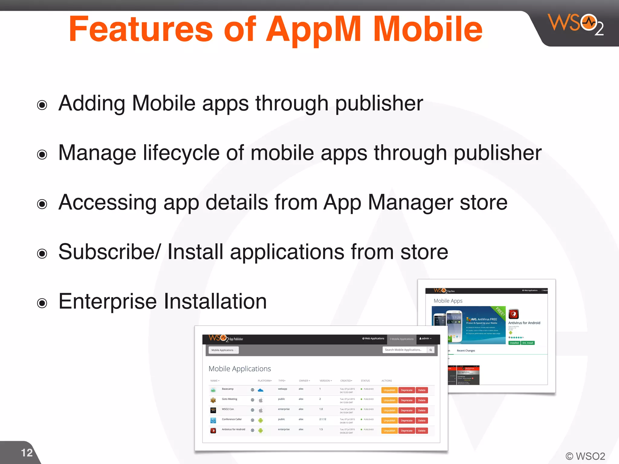 12
Features of AppM Mobile
๏ Adding Mobile apps through publisher
๏ Manage lifecycle of mobile apps through publisher
๏ Accessing app details from App Manager store
๏ Subscribe/ Install applications from store
๏ Enterprise Installation
 