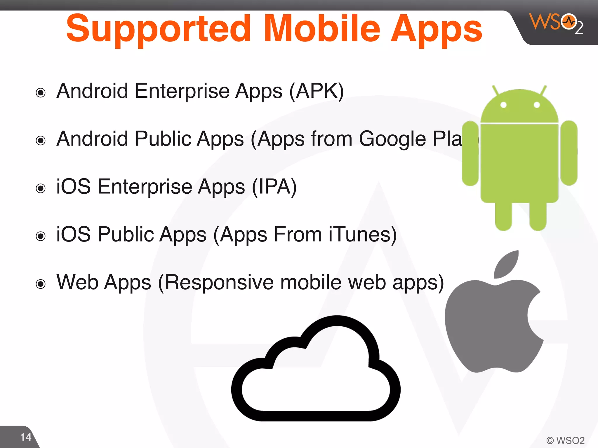 14
Supported Mobile Apps
๏ Android Enterprise Apps (APK)
๏ Android Public Apps (Apps from Google Play)
๏ iOS Enterprise Apps (IPA)
๏ iOS Public Apps (Apps From iTunes)
๏ Web Apps (Responsive mobile web apps)
 