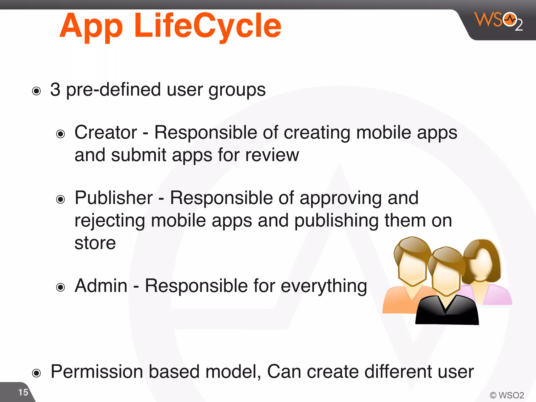 15
App LifeCycle
๏ 3 pre-defined user groups
๏ Creator - Responsible of creating mobile apps
and submit apps for review
๏ Publisher - Responsible of approving and
rejecting mobile apps and publishing them on
store
๏ Admin - Responsible for everything
๏ Permission based model, Can create different user
 
